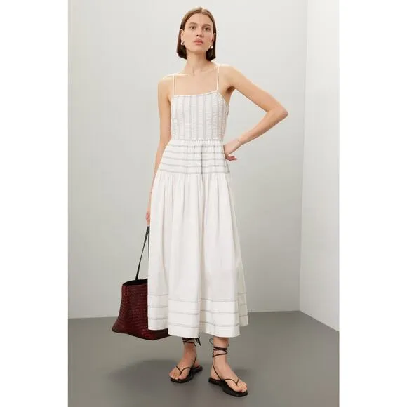 SAYLOR White Delicate Pinstriped 100% Cotton Square Neck Adalene Dress Small