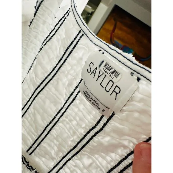 SAYLOR White Delicate Pinstriped 100% Cotton Square Neck Adalene Dress Small