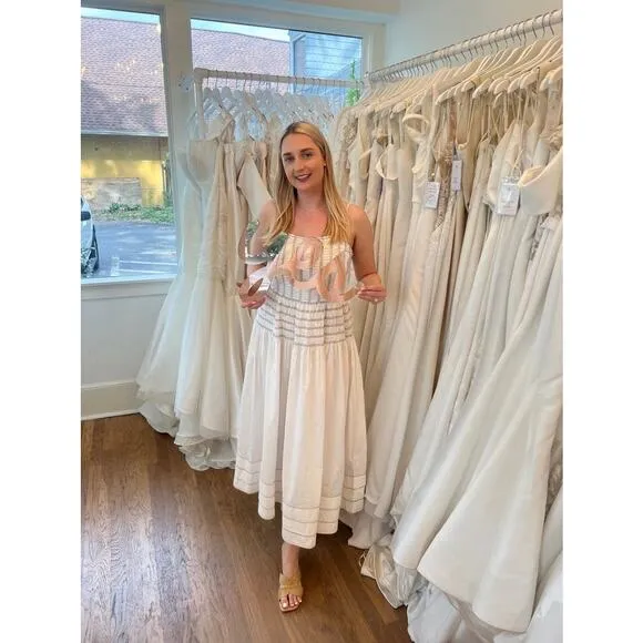 SAYLOR White Delicate Pinstriped 100% Cotton Square Neck Adalene Dress Small