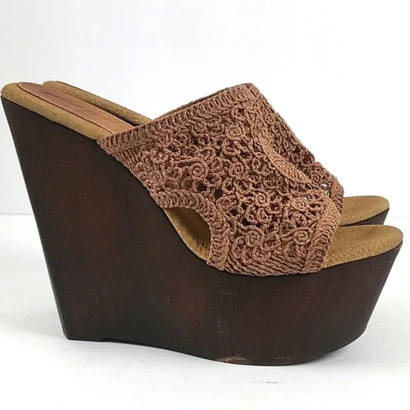 Sbicca Vintage Collection Tahiti Macrame Slip-on Platform Wooden Wedge S…