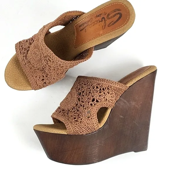 Sbicca Vintage Collection Tahiti Macrame Slip-on Platform Wooden Wedge S…