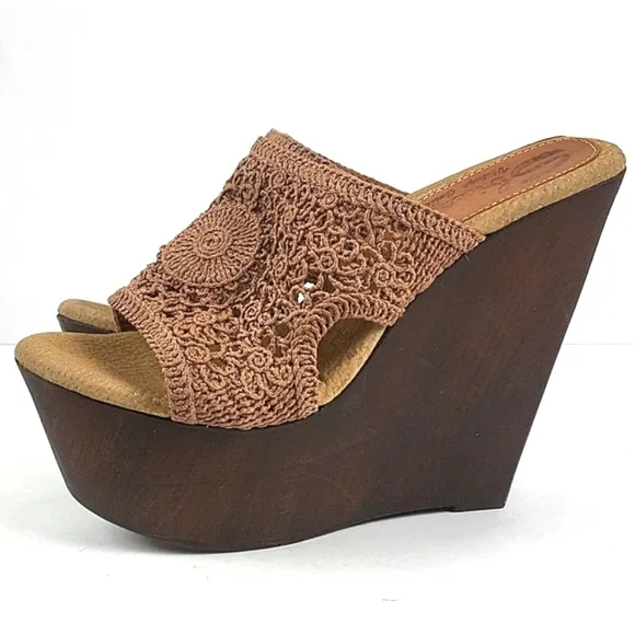 Sbicca Vintage Collection Tahiti Macrame Slip-on Platform Wooden Wedge S…
