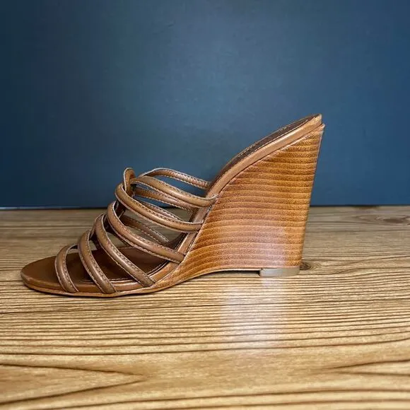 Schutz Brown Strappy Leather Octavia Slip On Wooden Heel Wedge Sandals Womens 7