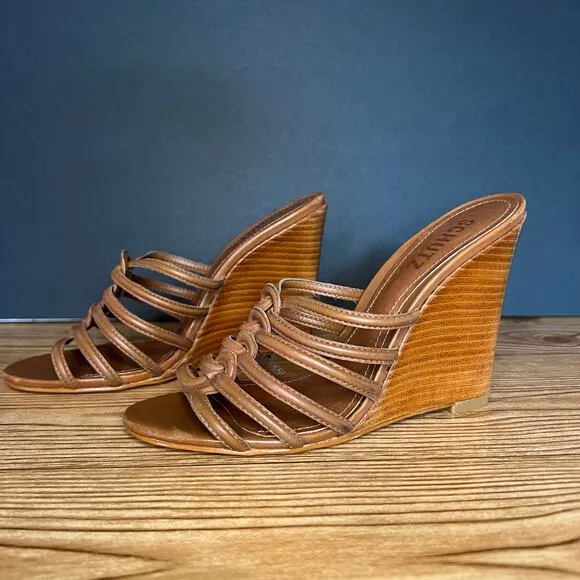 Schutz Brown Strappy Leather Octavia Slip On Wooden Heel Wedge Sandals Womens 7