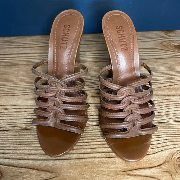 Schutz Brown Strappy Leather Octavia Slip On Wooden Heel Wedge Sandals Womens 7