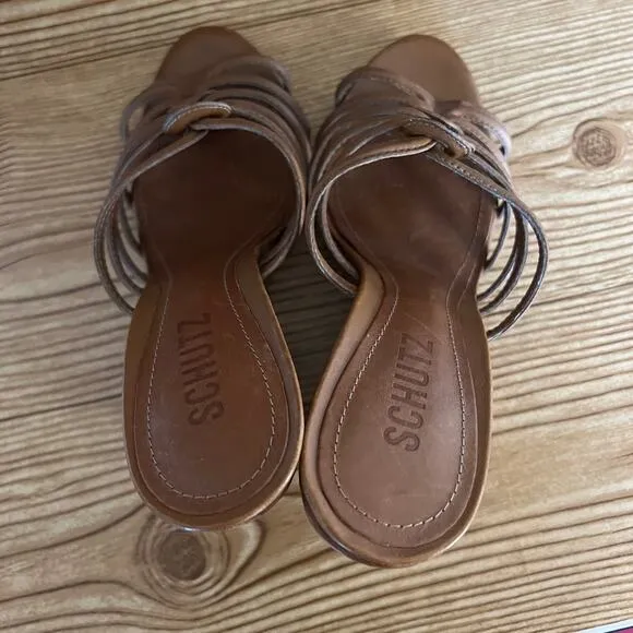 Schutz Brown Strappy Leather Octavia Slip On Wooden Heel Wedge Sandals Womens 7