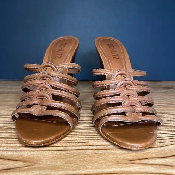 Schutz Brown Strappy Leather Octavia Slip On Wooden Heel Wedge Sandals Womens 7