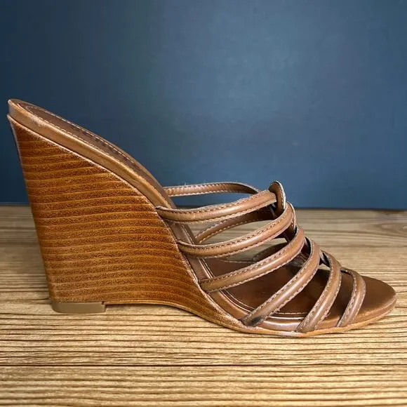 Schutz Brown Strappy Leather Octavia Slip On Wooden Heel Wedge Sandals Womens 7