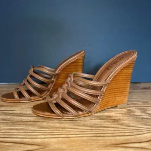 Schutz Brown Strappy Leather Octavia Slip On Wooden Heel Wedge Sandals Womens 7