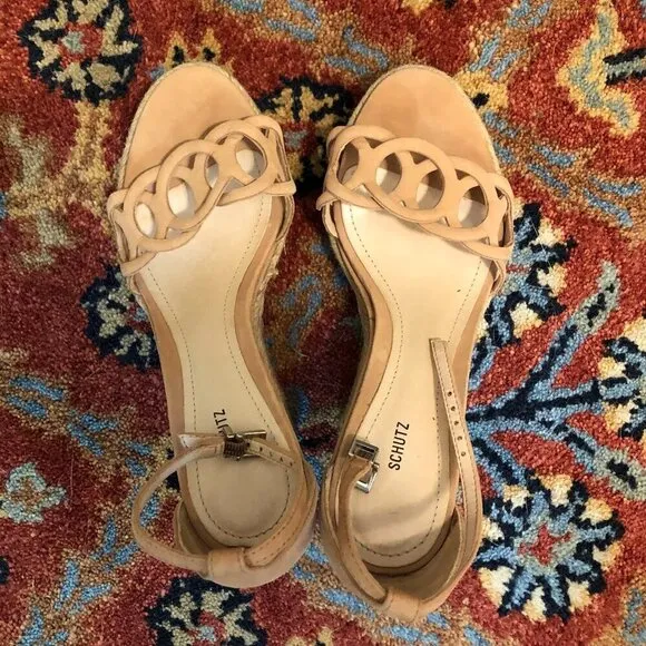 Schutz Keira Toasted Nut Fashion Espadrille Wedge Ankle Strap Sandals Size 6.5