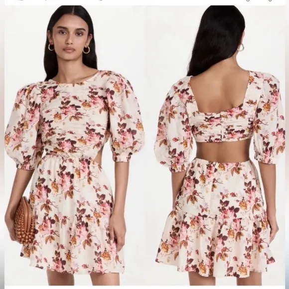 Sea New York Floral Mini Dress Puff Sleeve, Smocked, Cut-Out Back in Cream NWOT