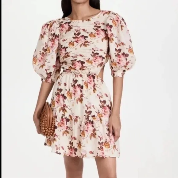 Sea New York Floral Mini Dress Puff Sleeve, Smocked, Cut-Out Back in Cream NWOT