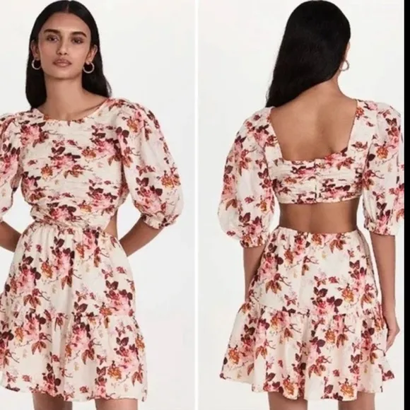 Sea New York Floral Mini Dress Puff Sleeve, Smocked, Cut-Out Back in Cream NWOT