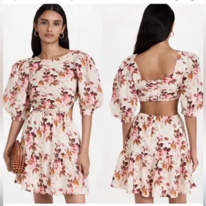Sea New York Floral Mini Dress Puff Sleeve, Smocked, Cut-Out Back in Cream NWOT