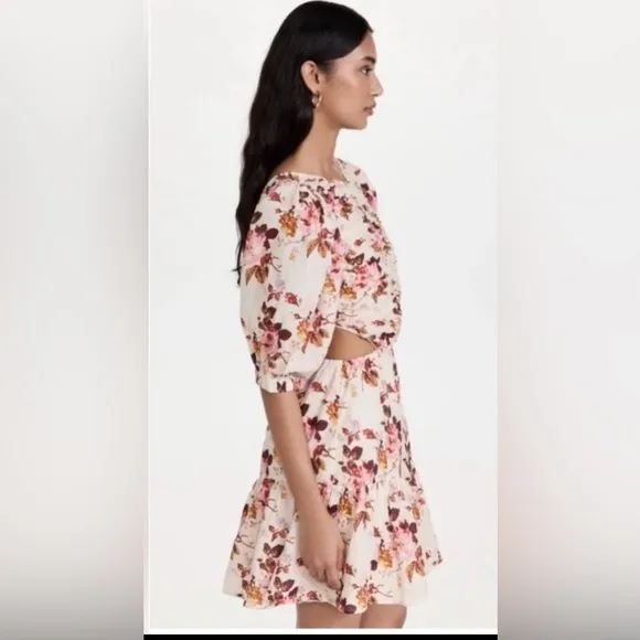 Sea New York Floral Mini Dress Puff Sleeve, Smocked, Cut-Out Back in Cream NWOT