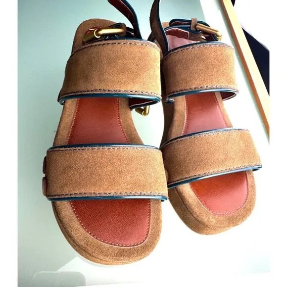 See By Chloe Galy Womens Platform Suede Sandals W/Geen Trim/Gold Buckles- LT3261