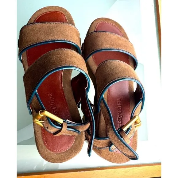 See By Chloe Galy Womens Platform Suede Sandals W/Geen Trim/Gold Buckles- LT3261