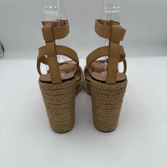 SEE BY CHLOE Espadrille wedge ratan strappy sandals Size 36 Coral white tan