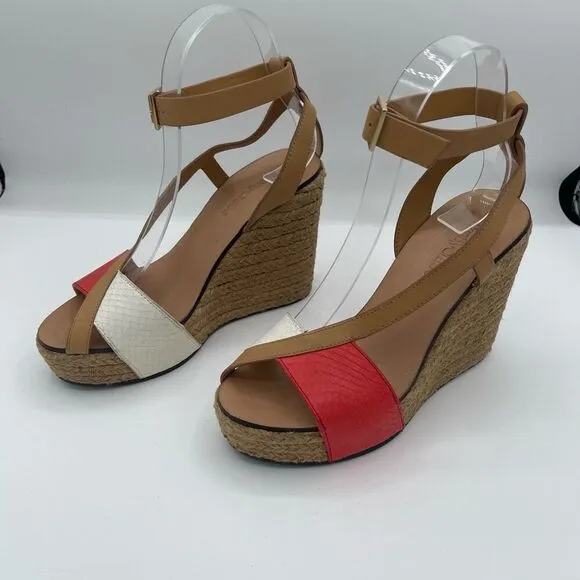 SEE BY CHLOE Espadrille wedge ratan strappy sandals Size 36 Coral white tan