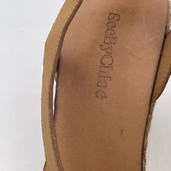 SEE BY CHLOE Espadrille wedge ratan strappy sandals Size 36 Coral white tan