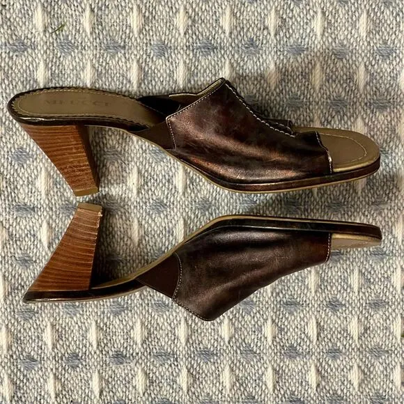 Sesto Meucci Copper Slide Sandals, Stacked Wooden Heel,‎ Contrast Stitching. 9 N
