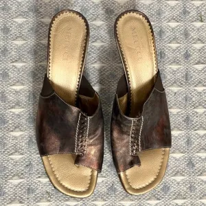 Sesto Meucci Copper Slide Sandals, Stacked Wooden Heel,‎ Contrast Stitching. 9 N