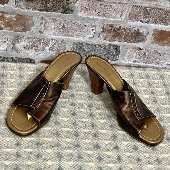 Sesto Meucci Copper Slide Sandals, Stacked Wooden Heel,‎ Contrast Stitching. 9 N