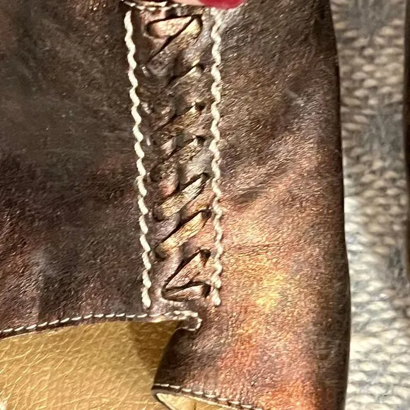 Sesto Meucci Copper Slide Sandals, Stacked Wooden Heel,‎ Contrast Stitching. 9 N