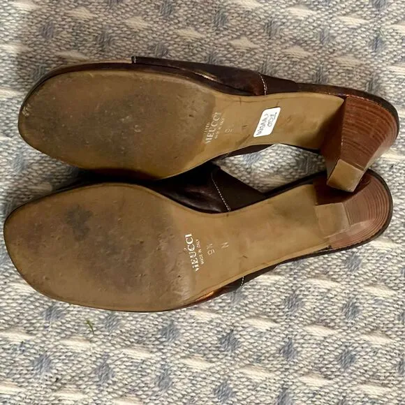 Sesto Meucci Copper Slide Sandals, Stacked Wooden Heel,‎ Contrast Stitching. 9 N