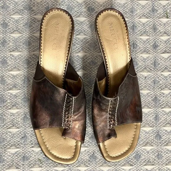 Sesto Meucci Copper Slide Sandals, Stacked Wooden Heel,‎ Contrast Stitching. 9 N