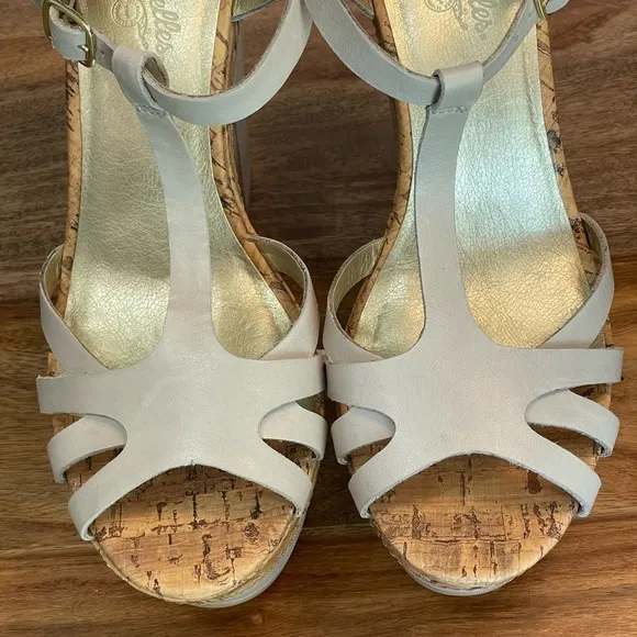Seychelles Leather Cork T-Strap Platform Heel Strappy Sandals Taupe Off White 9