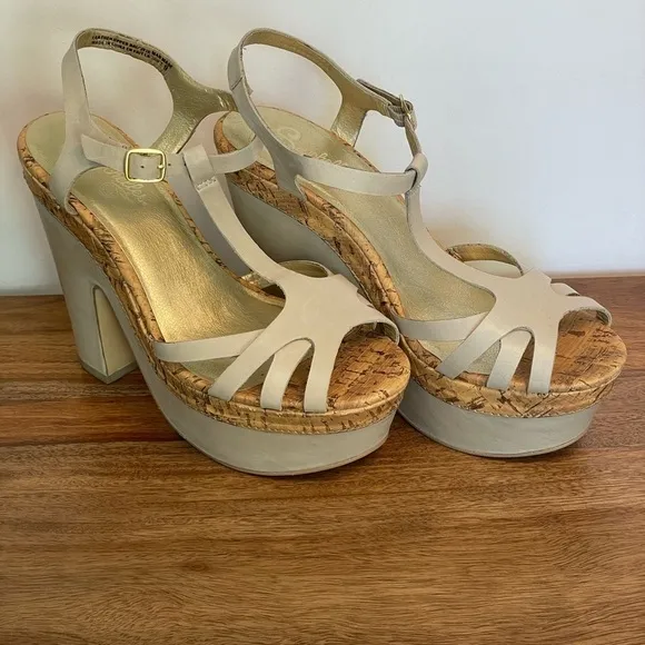 Seychelles Leather Cork T-Strap Platform Heel Strappy Sandals Taupe Off White 9