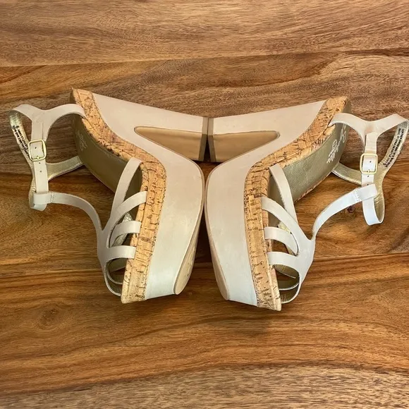 Seychelles Leather Cork T-Strap Platform Heel Strappy Sandals Taupe Off White 9