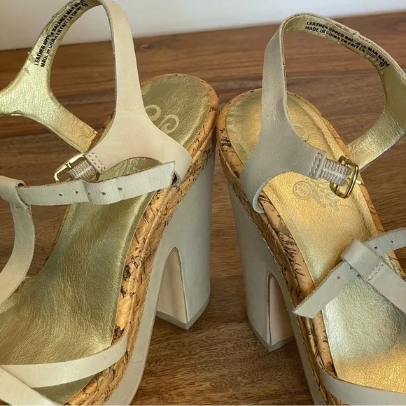 Seychelles Leather Cork T-Strap Platform Heel Strappy Sandals Taupe Off White 9