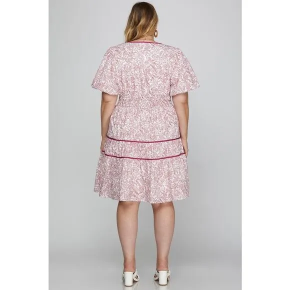 She   Sky Blue Floral Leaf V-Neck Puff Sleeve Tiered Mini Dress NEW Plus