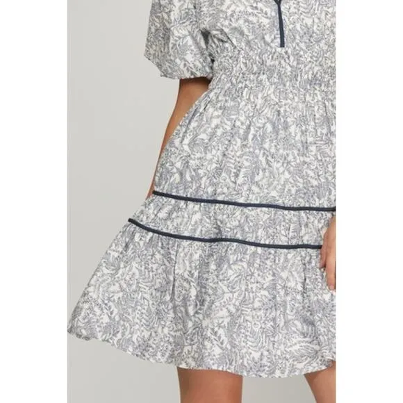 She   Sky Blue Floral Leaf V-Neck Puff Sleeve Tiered Mini Dress NEW Plus