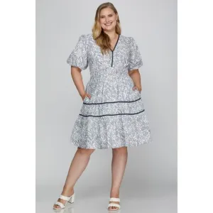 She   Sky Blue Floral Leaf V-Neck Puff Sleeve Tiered Mini Dress NEW Plus
