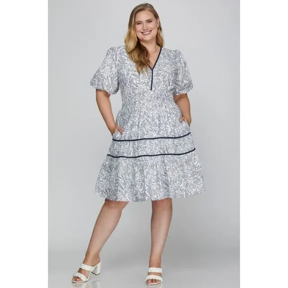 She   Sky Blue Floral Leaf V-Neck Puff Sleeve Tiered Mini Dress NEW Plus