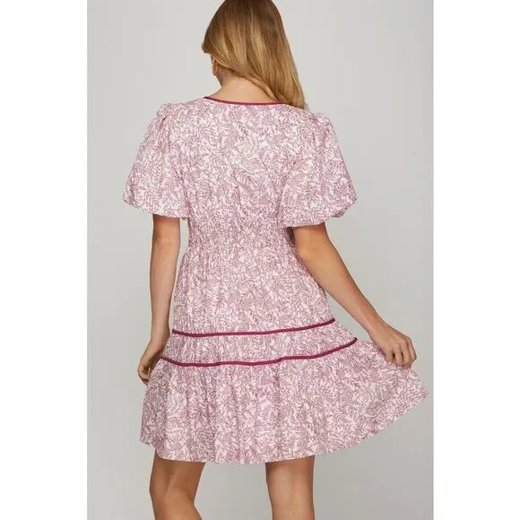 She   Sky Blue Floral Leaf V-Neck Puff Sleeve Tiered Mini Dress NEW Plus