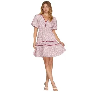 She   Sky Pink Floral Leaf V-Neck Puff Sleeve Tiered Mini Dress NEW Misses
