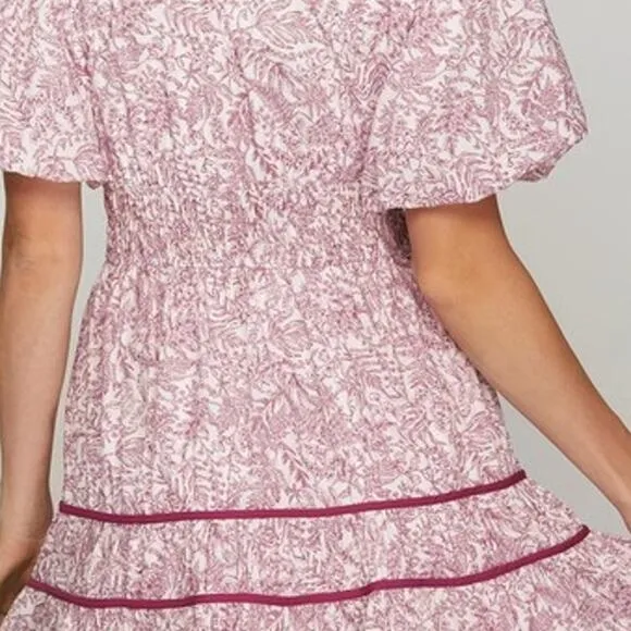 She   Sky Pink Floral Leaf V-Neck Puff Sleeve Tiered Mini Dress NEW Plus