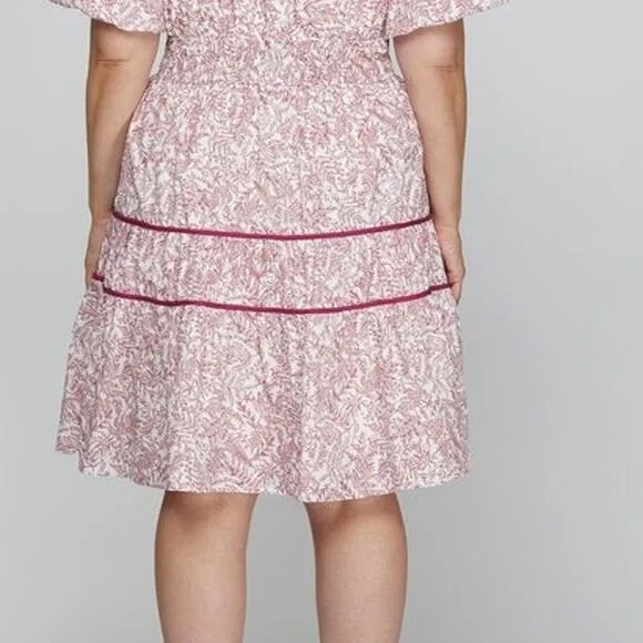 She   Sky Pink Floral Leaf V-Neck Puff Sleeve Tiered Mini Dress NEW Plus