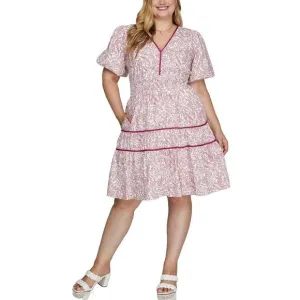 She   Sky Pink Floral Leaf V-Neck Puff Sleeve Tiered Mini Dress NEW Plus