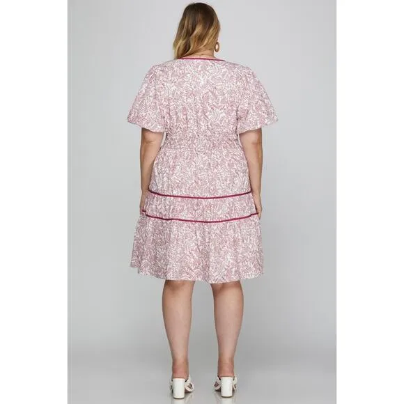She   Sky Pink Floral Leaf V-Neck Puff Sleeve Tiered Mini Dress NEW Plus