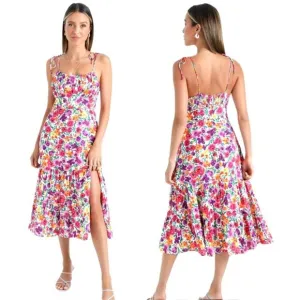 Showpo Dress Women 8 Pink Packed Floral Print Monaco Midi Boho Cottagecore