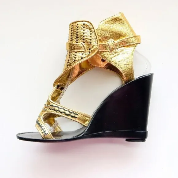Sigerson Morrison Gold &amp; Black Leather Wedge Heel Open Toe Sandals Dressy Shoes