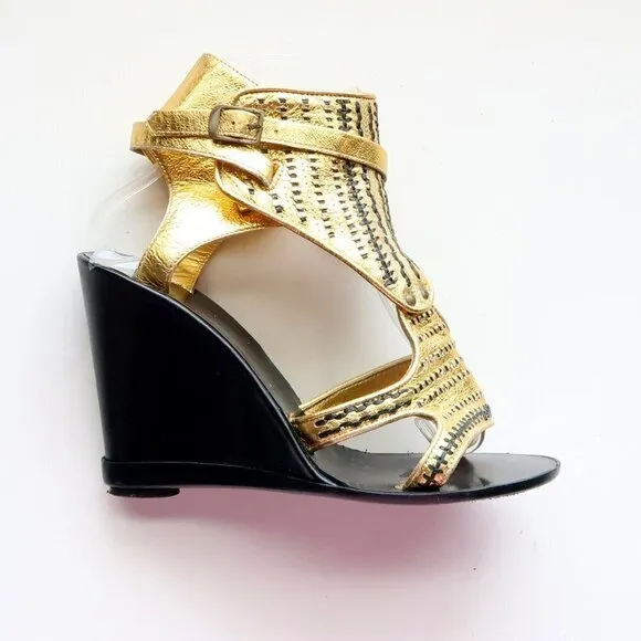 Sigerson Morrison Gold &amp; Black Leather Wedge Heel Open Toe Sandals Dressy Shoes
