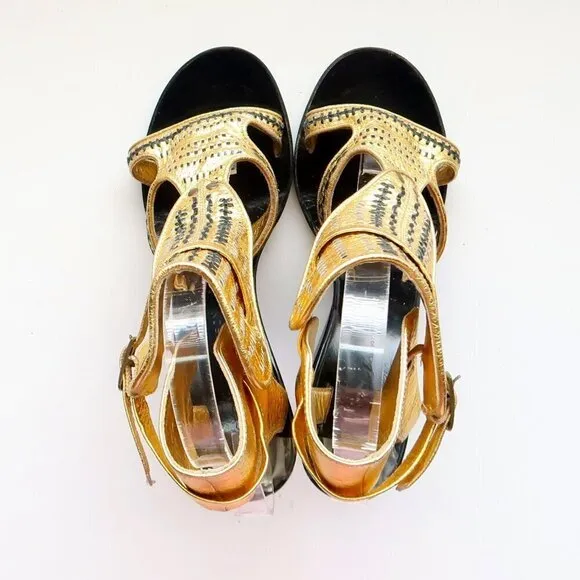 Sigerson Morrison Gold &amp; Black Leather Wedge Heel Open Toe Sandals Dressy Shoes