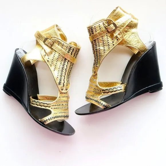 Sigerson Morrison Gold &amp; Black Leather Wedge Heel Open Toe Sandals Dressy Shoes