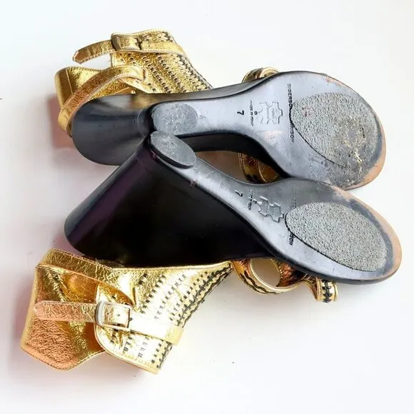 Sigerson Morrison Gold &amp; Black Leather Wedge Heel Open Toe Sandals Dressy Shoes